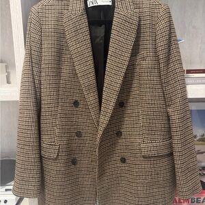Zara Tan and Black Checkered Double Breasted Blazer